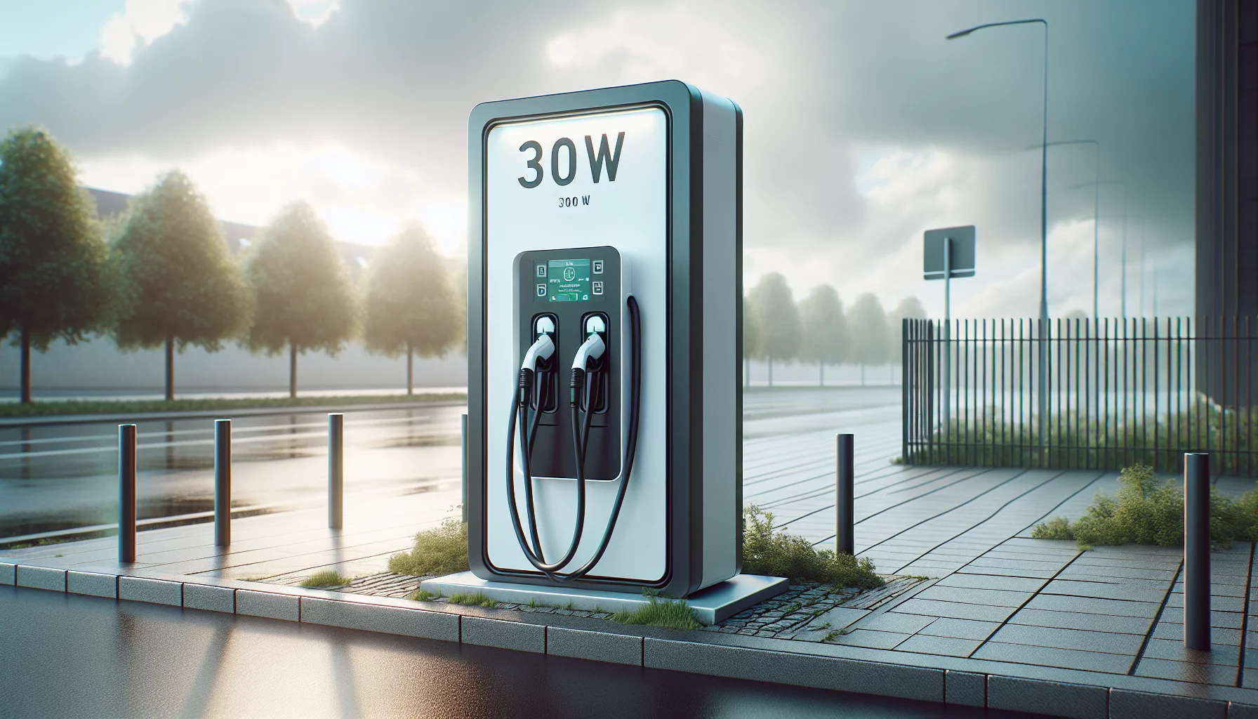 Ein 300 kW Ladestation im Freien bei bewölktem Himmel.