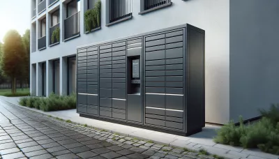 Grauer Paketautomat an einer weißen Wand im Freien, mit einem Bildschirm und mehreren Fächern bei bewölkter Beleuchtung.