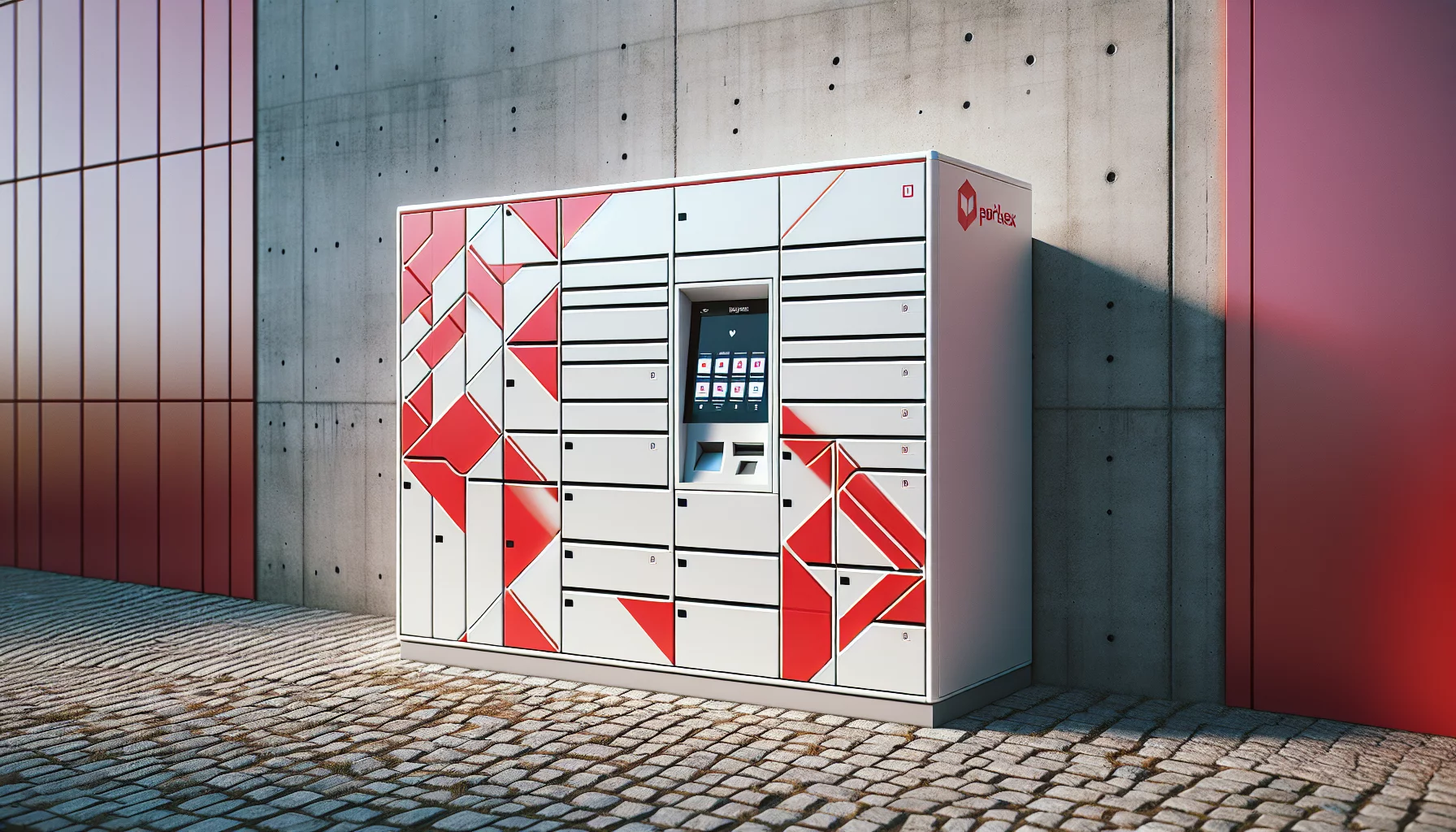 Roter und weißer Abholautomat mit vielen Fächern und Digitalbildschirm im städtischen Außenbereich.