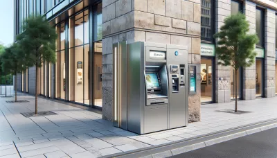 Moderne Bankfiliale mit Geldautomat in urbaner Umgebung.