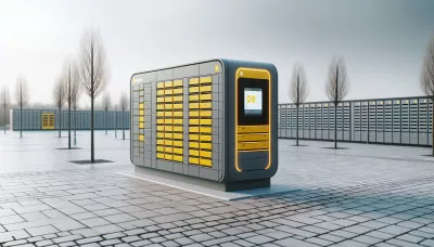 Gelbe DHL Packstation 147 im Freien mit Bildschirmanzeige.