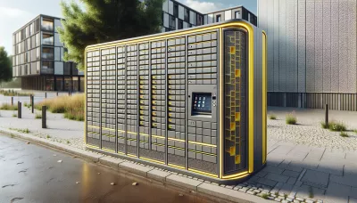 Yellow outdoor parcel locker with touchscreen in a bright, open setting.