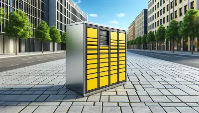 Großer gelber Paketautomat mit schwarzen Linien und städtischem Hintergrund auf grauem Pflaster.