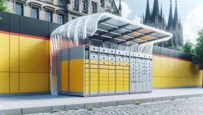 Gelber Paketautomat mit grauen Akzenten auf einem Bürgersteig, urbaner Hintergrund.