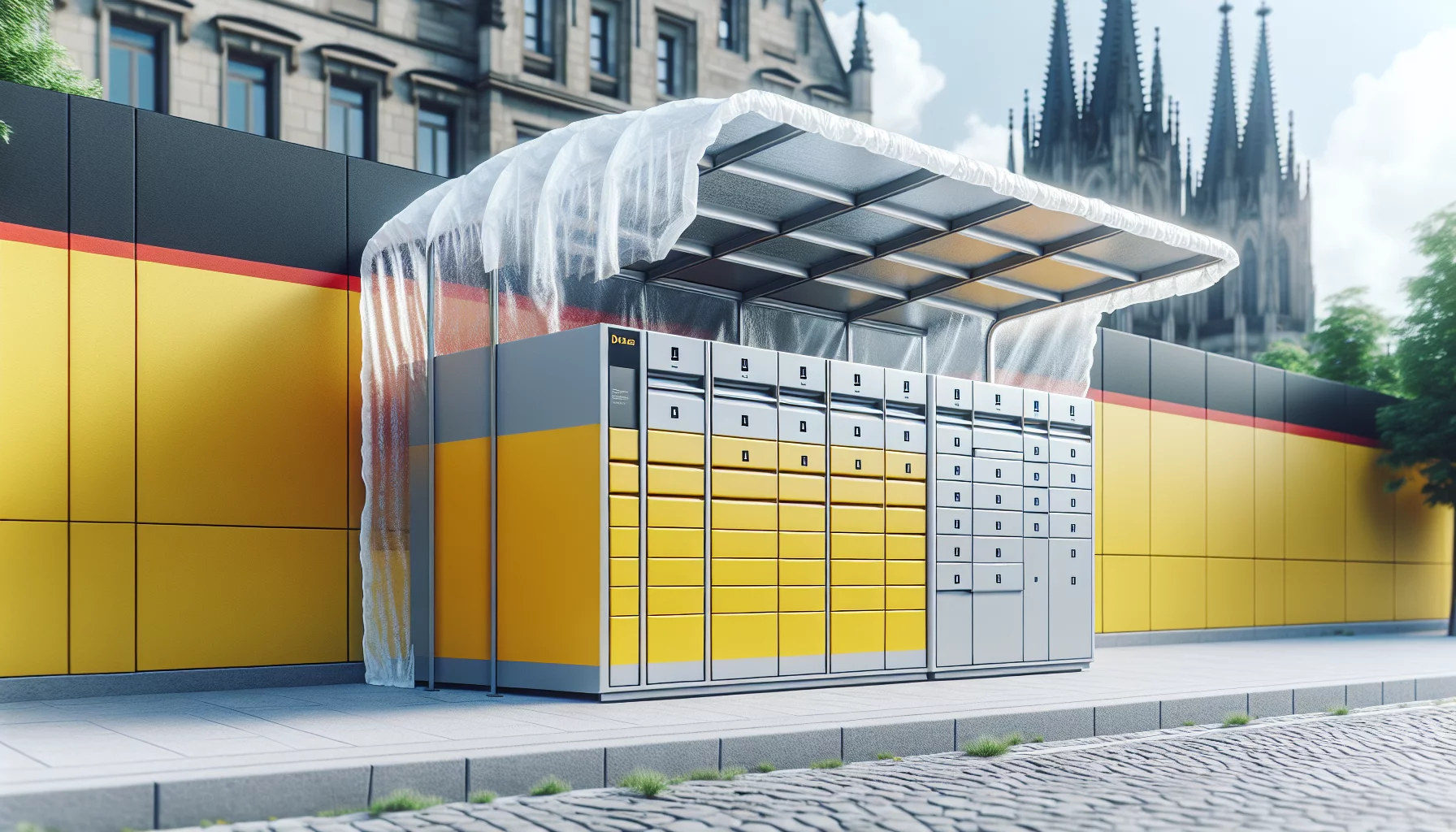 Gelber Paketautomat mit grauen Akzenten auf einem Bürgersteig, urbaner Hintergrund.