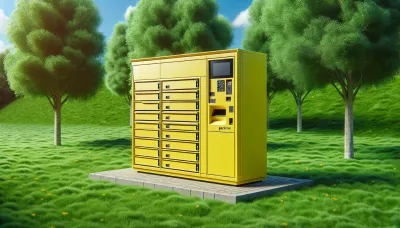 Gelbe DHL Packstation im Freien vor grünem Hintergrund und klarem Himmel.