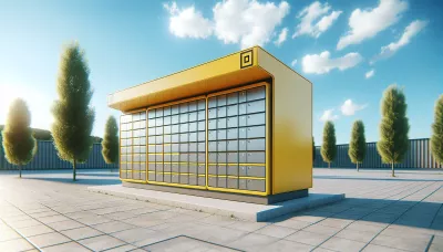 Gelber DHL-Paketautomat im Freien mit blauen Himmel und Bäumen im Hintergrund.