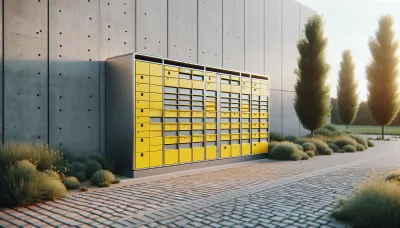 Gelber Paketautomat mit Metallrahmen in einer Outdoor-Umgebung auf einem gepflasterten Weg.