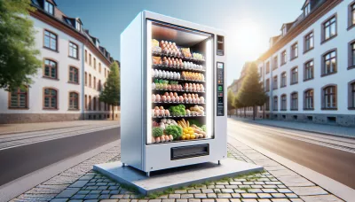 Weißer Verkaufsautomat für Eier und Kartoffeln auf einer Straße, mit transparenten Türen und gepflastertem Boden.