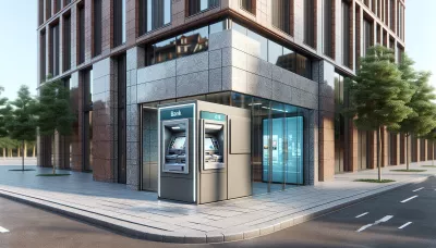 Bankautomat in einer urbanen Umgebung mit grauem und silbernem Design vor einem Gebäude mit Backsteinfassade und Glasfenstern.