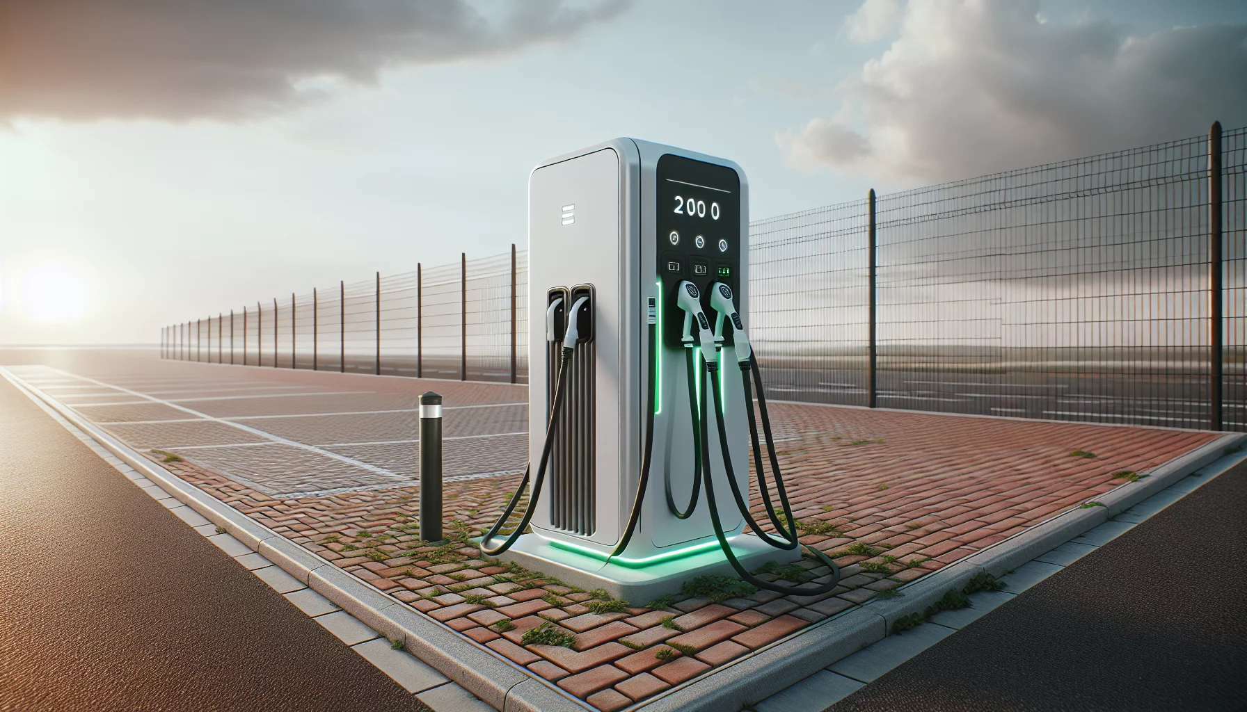 Weiße Ladestation mit grünen Lichtern und zwei Kabeln im urbanen Außenbereich.