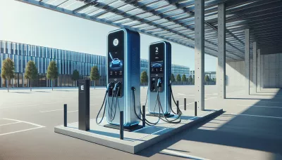 Moderne blaue Ladestation für Elektrofahrzeuge im Freien unter einem Metallvordach.