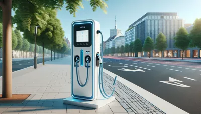 Weiße Ladestation für Elektrofahrzeuge mit blauen Akzenten auf Gehweg im Freien.