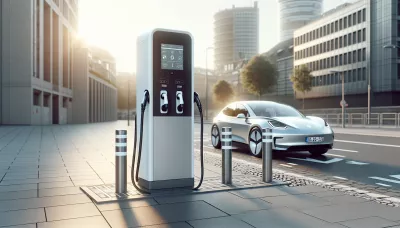 Ladestation mit zwei Anschlüssen, weiß-grau, in urbaner Umgebung auf Asphaltboden.