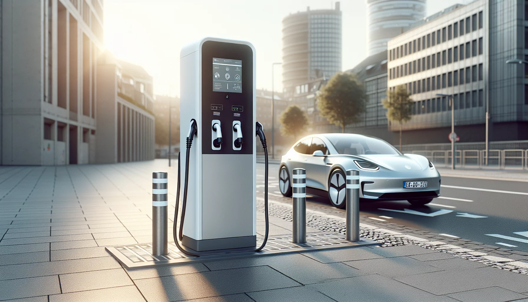 Ladestation mit zwei Anschlüssen, weiß-grau, in urbaner Umgebung auf Asphaltboden.