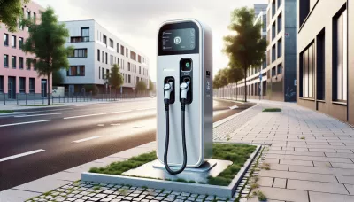 Elektrische Ladestation auf einem Gehweg, modernes Design, weiß und grau, urbaner Hintergrund.