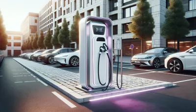 Moderne Ladestation für Elektrofahrzeuge auf einem Parkplatz, weiß und lila, umgeben von Autos.