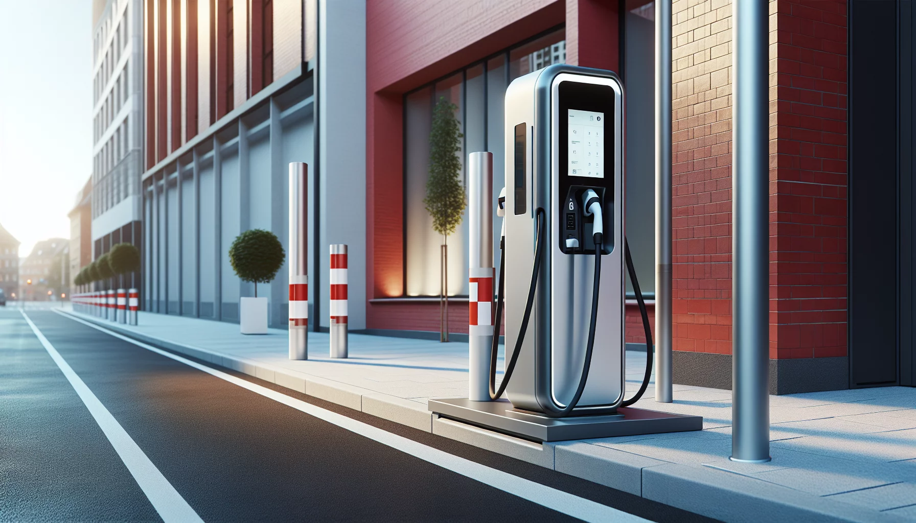 Eine Ladestation auf einem Gehweg vor einer Ziegelwand, flankiert von rot-weißen Pfosten.