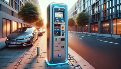 Blauer und silberner Parkautomat auf Bürgersteig neben Auto und Gebäude.