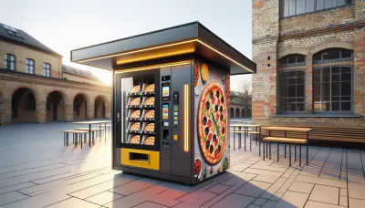 Outdoor Pizza-Automat mit grau-gelbem Design und Pizza-Abbildung vor einer Ziegelwand.