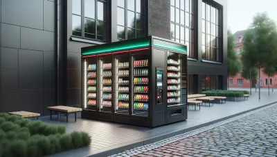 Outdoor vending kiosk with glass facade showing snacks and drinks, set on a paved urban street.