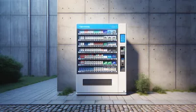 Moderner, rechteckiger Zigarettenautomat an einer Betonwand mit blauer und weißer Farbgebung.