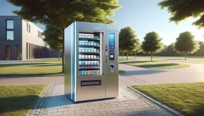 Cigarette vending machine with silver and blue accents in a sunny outdoor setting.