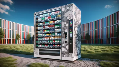 A white cigarette vending machine with abstract patterns and contactless payment in a grassy outdoor setting.