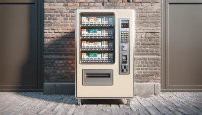 Vintage cigarette vending machine with beige and silver colors on a brick wall background.