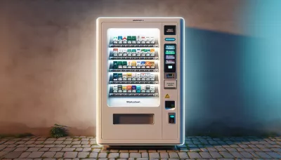 Zigarettenautomat mit blauer Front, Produktfenstern und kontaktlosem Bezahlsystem, in einem neutralen Außenbereich.