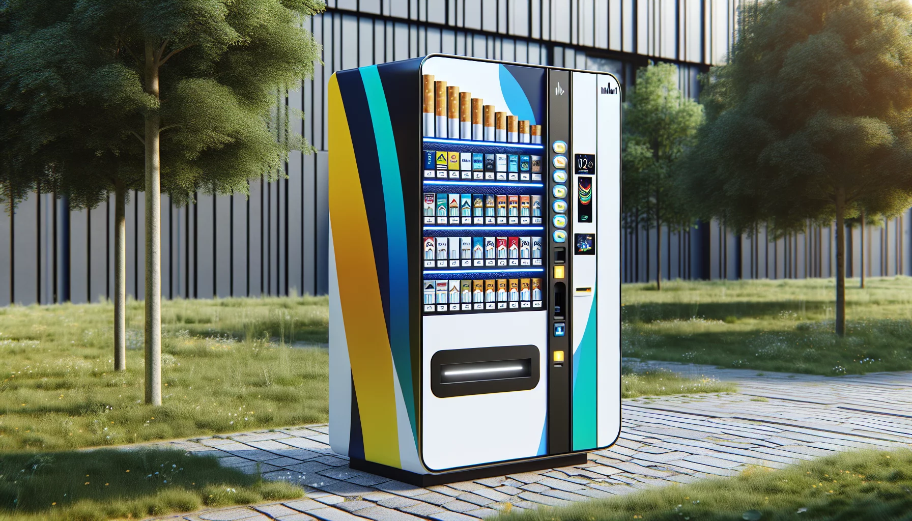 Ein Zigarettenautomat, weiß und dunkelblau, auf einem Gehweg. Abstraktes Design, bunte Produktknöpfe, umgeben von Gras und Bürgersteig.