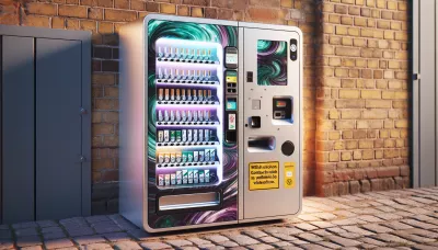 Zigarettenautomat an einer Backsteinwand mit abstraktem, farbigem Design und Kontaktlos-Zahlungsaufkleber.