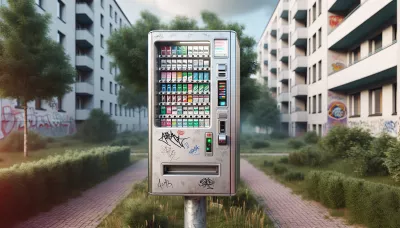 Ein Zigarettenautomat im Freien vor Wohngebäuden, mit silberner Front und bunten Auswahlknöpfen.