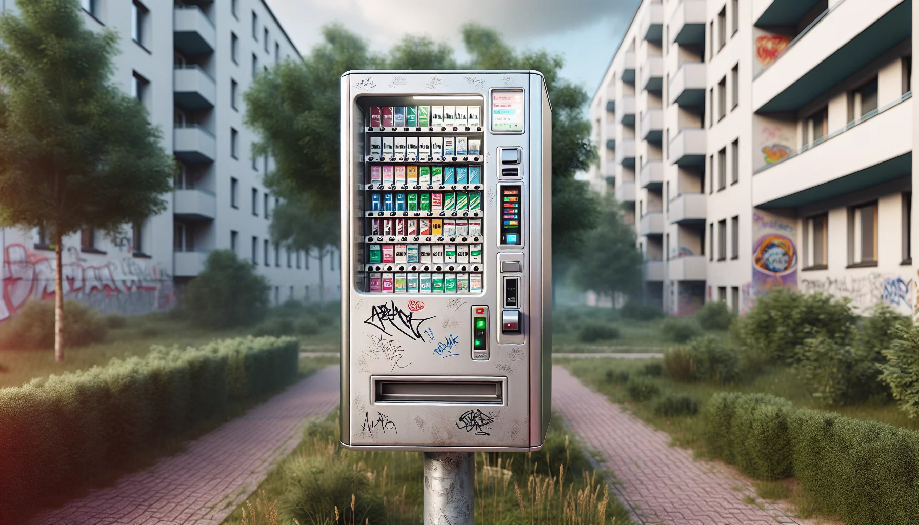 Ein Zigarettenautomat im Freien vor Wohngebäuden, mit silberner Front und bunten Auswahlknöpfen.
